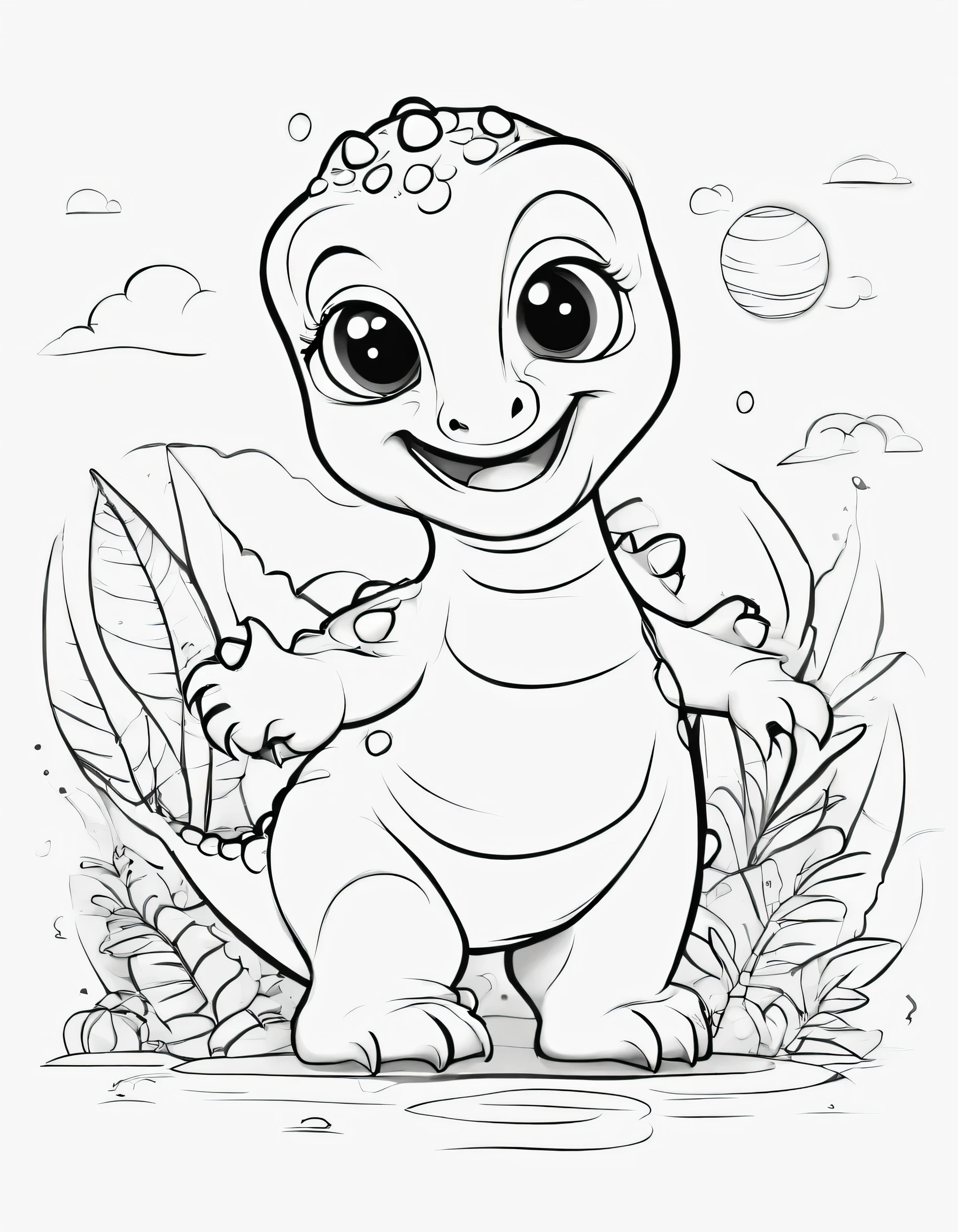Baby dinossaur, estilo de desenho animado, lineart para colorir livro, Com fundo