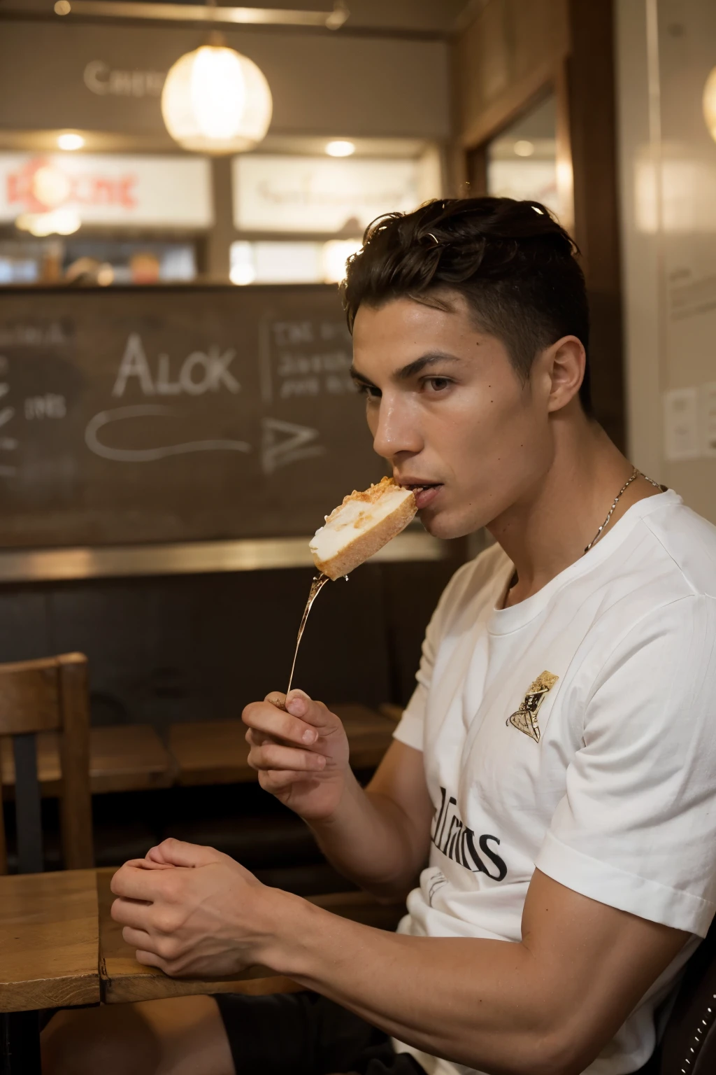 Vincent van Gogh eating in a cafe with Cristiano Ronaldo