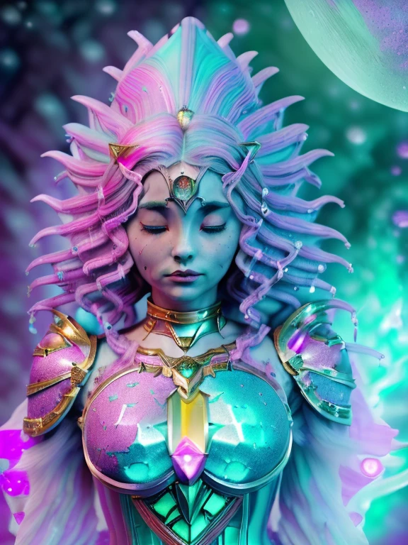 ((Surrounded by the Moon beams)) in side a Crater ((Eyes closed)) wearing an armour dress with galaxies on the surface ((holding a pink owl with green eyes. Yellow short beak. ((Is a girl with long teal mix blue hair and pink oyster diamond covered hairclips in her hair art by gustave dore, greg Rutkowskoctane render, 4k, cry Engine