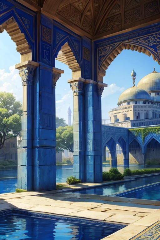 Blue Muslim palace with rivers and vegetation with towers with Arabic engravings