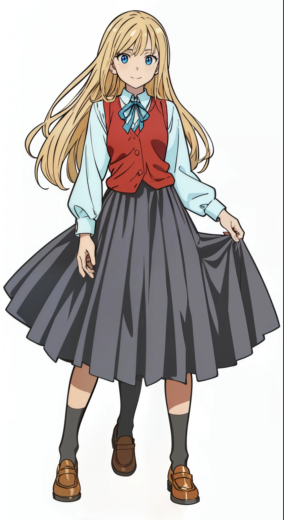 (best quality:1.0), (masterpiece:1.0), (super fine illustration:1.0), (beautiful artwork:1.0), (anime screencap:1.0), (official art:1.0), (european:1.0), (cheerful:1.0), (white background:1.0), (best quality:1.0), (masterpiece:1.0), (super fine illustration:1.0), (beautiful artwork:1.0), (anime screencap:1.0), (official art:1.0), (solo:1.0), (european:1.0), (a 18yo cute girl:1.0), (long skirt:1.0), (black skirt:1.0), (pleated skirt:1.0), (red knit vest:1.0), (white long sleeve collared shirt:1.0), (blue neck ribbon:1.0), (loafers:1.0), (black socks:1.0), (ideal ratio body proportions:1.0), (lanky:1.0), (tall:1.0), (slender:1.0), (small breasts:1.0), (smaller face:1.0), (tareme:1.0), (freckles:1.0), (detailed beautiful eyes:1.0), (detailed beautiful face:1.0), (glowing blue eyes:1.0), (long hair:1.0), (swept bangs:1.0), (blonde hair:1.0), (standing:1.0), (looking at viewer:1.0)