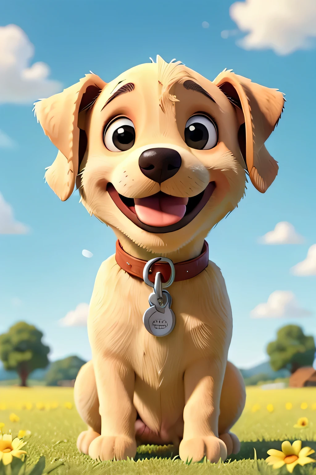 An adorable Labrador Retriever puppy playing happily in a sunny field, segurando uma bola na boca, your tongue lolling out in an infectious smile. Resolution: 1080x1080 pixels."