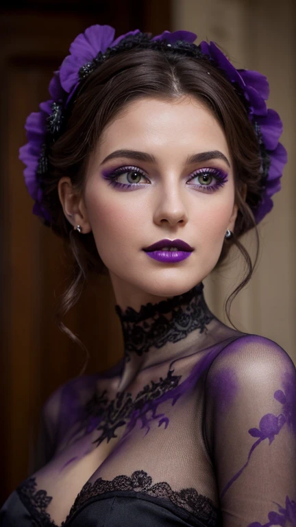 Jeune femme de 25 ans, visage fin, cheveux long, yeux marrons, HD, 8K, masterpiece, sourire romantique, sexy, mascara noir, maquillage noir, black lips, tenue gothique, vêtements noirs et violets, toile d'araignée en dentelle, cheveux noirs et violets, dans un manoir, bodypainting, purple paint, dracula, orage