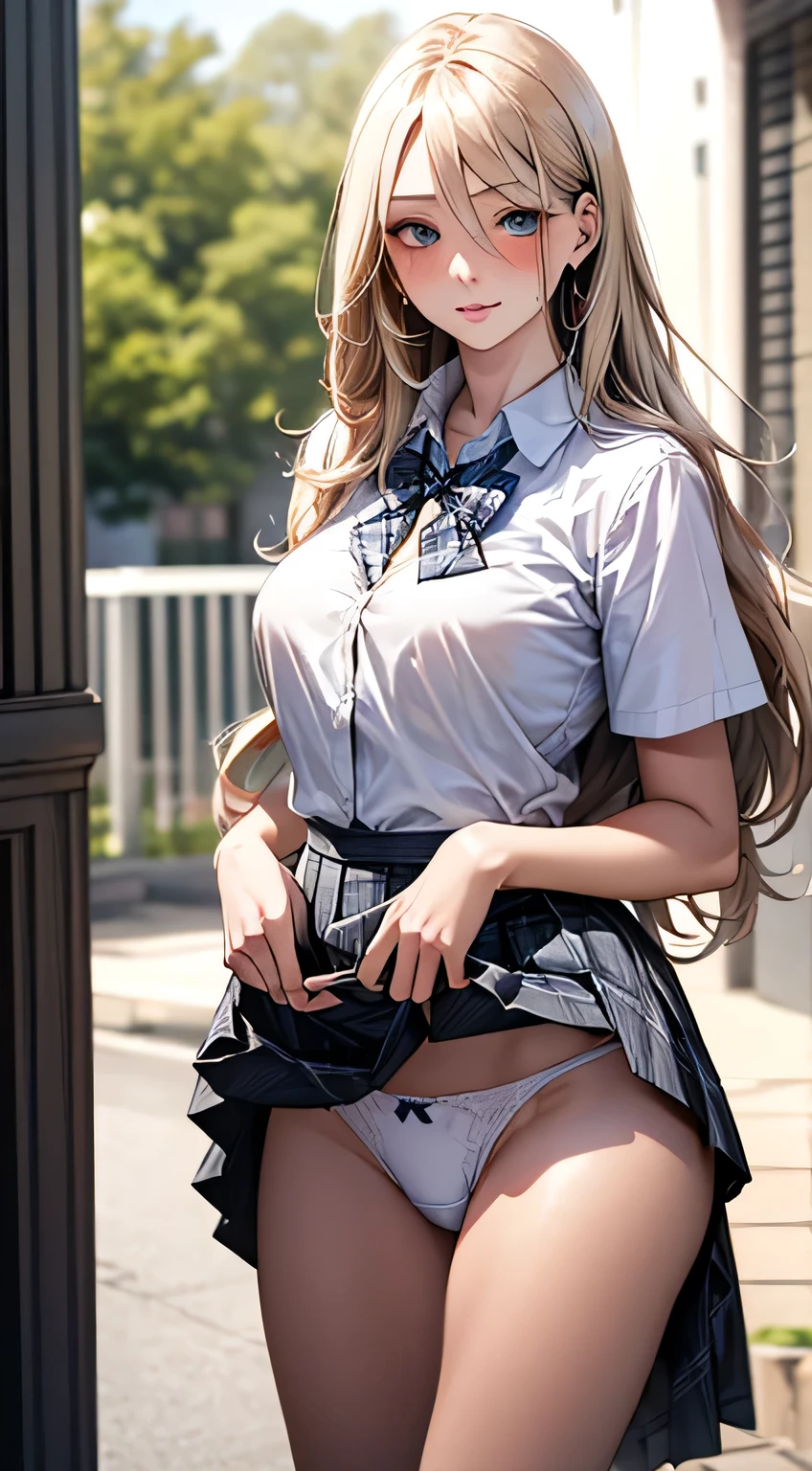 (masterpiece:1.2, top-quality), (realistic, photorealistic:1.4), beautiful illustration, 
looking at viewer, full body, front view:0.6, 
1 girl, german girl, high school girl, (long hair:1.5), blond hair, (half up, half updo), bangs, hair between eye, large breasts:0.8, 
beautiful hair, beautiful face, beautiful detailed eyes, beautiful clavicle, beautiful body, beautiful chest, beautiful thigh, beautiful legs, beautiful fingers, 
(beautiful scenery), , school,
((collared short sleeve shirt, white shirt, , grey plaid pleated skirt, blue plaid bow tie)), white panties, 
(standing, , lift up skirt, grab the hem of the skirt, hands on chest, hand between legs), 
blush, ,