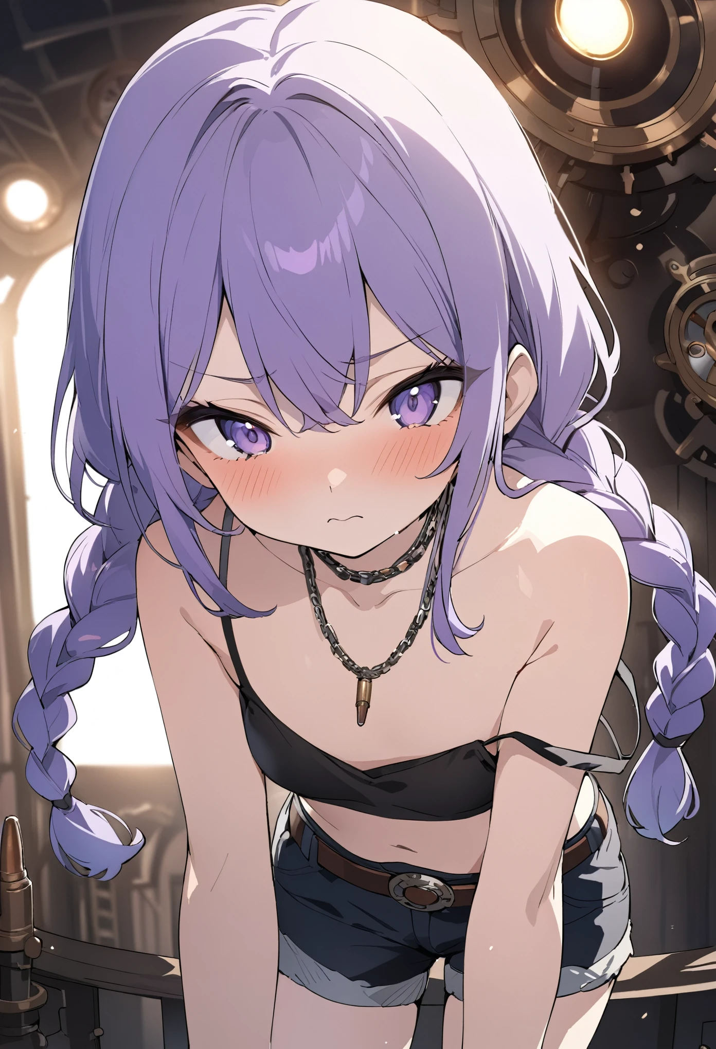 ((Masterpiece)), (highly saturated), (Anime:1.5), ((best quality)), (sketch:0.3), (best quality:1.2), (Professional Photography:1.2), (), ((1girl)), Textured skin, cinematic lighting, intricate details, pale purple hair, cute teenage girland very blush), lower eyelashes, (twin braids), single elbow glove, ragged short shorts, cute bikini top only, (strap slip), Thin chain necklace, belt, bullet, upper body, potrait, (cute pose), ((on the steampunk city)),