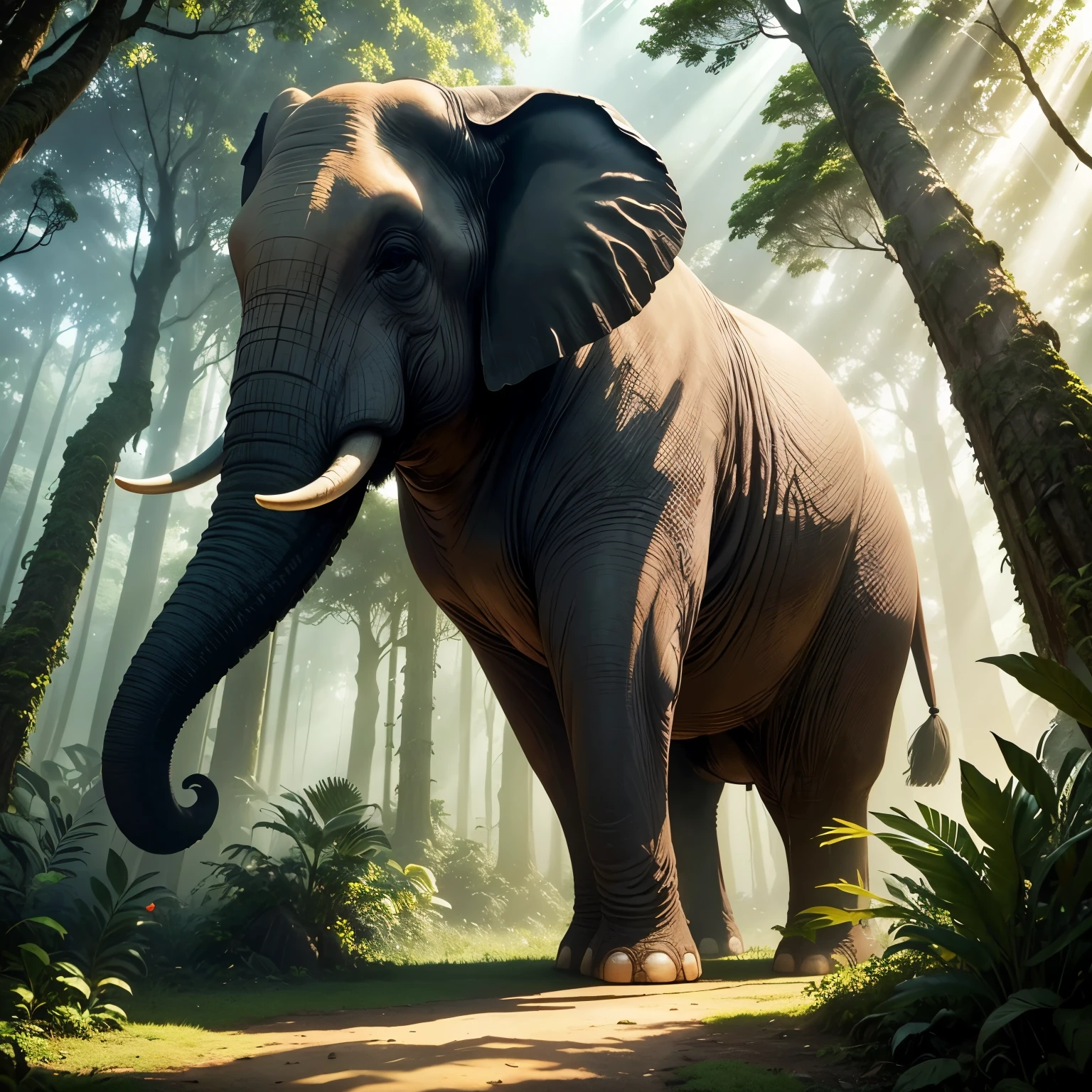 Generate a breathtaking scene of a giant elephant standing majestically in the middle of a lush, verdant jungle. The towering elephant, with its enormous tusks and wise eyes, is surrounded by thick foliage and ancient trees, as beams of sunlight filter through the canopy, creating an almost mythical atmosphere that highlights the grandeur and serenity of this magnificent creature.
