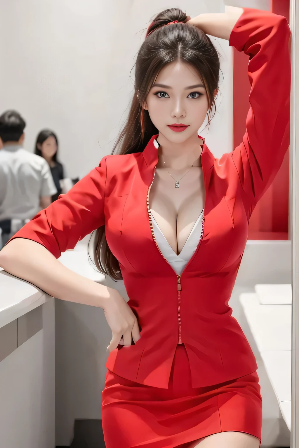 AirAsia red jacket uniform、Long hair down to the legs、Dark brown hair、Hair tied up、Tie your hair back in a ponytail、ponytail、Red rubber band、Luxury earrings、Captivating look、Blue Eyes、22 year old Asian female、