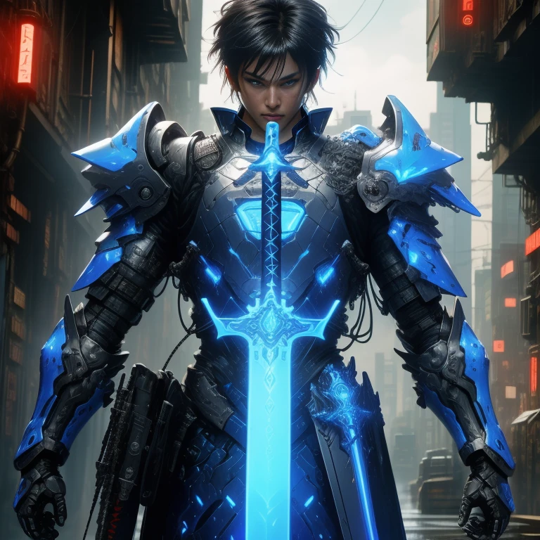 (masterpiece, best quality:1.2), a subject, A warrior in armour techno fantasy style, holy sword,(technological aggressive design), cyberpunk, 4K, UHD, (Photorealistic:1.4),Ultra high resolution, masterpiece, ultra realistic, ultra nitide, insane details, (white and blue color), (water themed), ((face open discovery)), handling a blue technofantasy decoured katana, boy