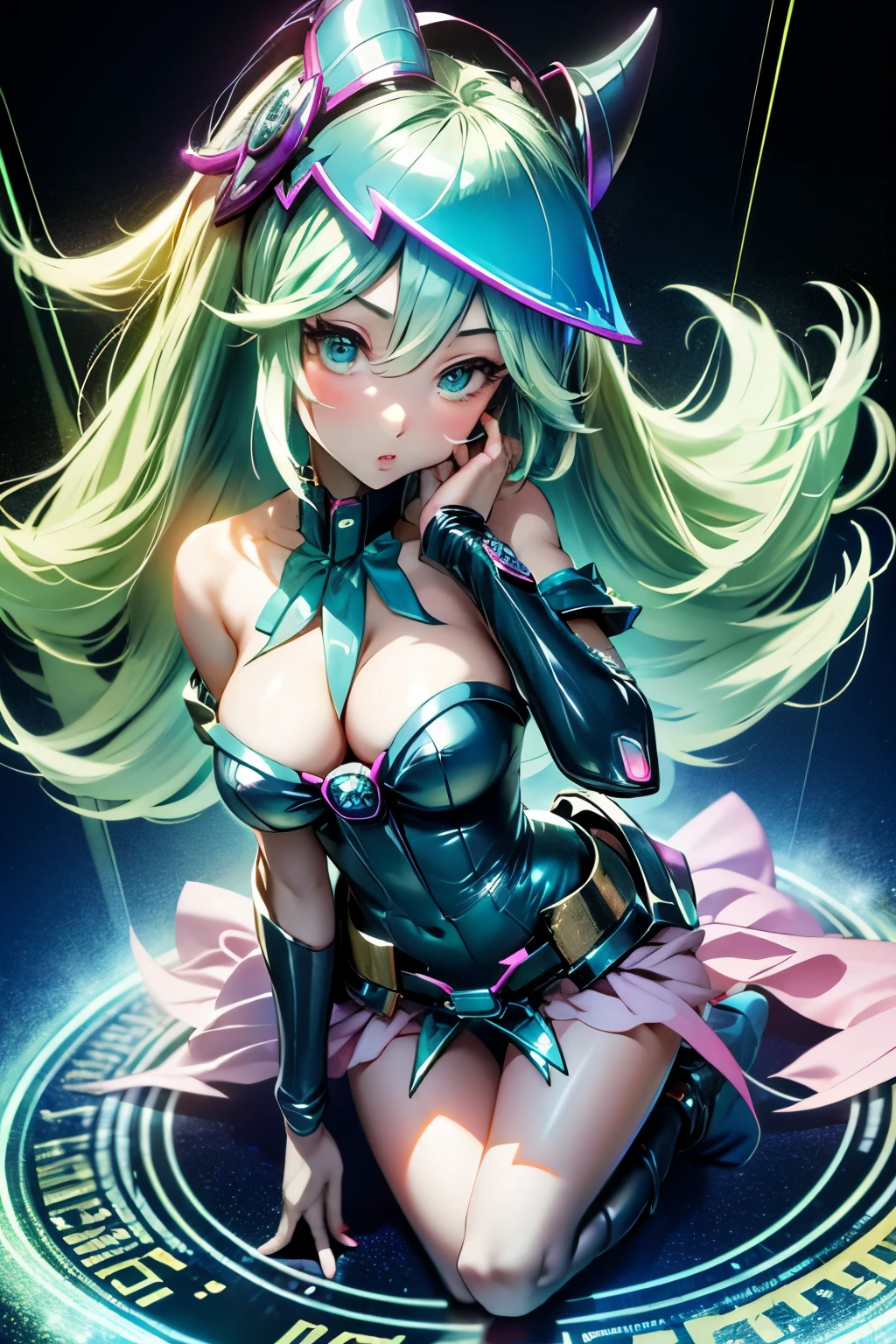 Hatsune Miku disfrazada de dark magician gils. Cabello celeste extra largo. Ojos verdes. Magic Circle Background. Pose sensual y sejustiva.