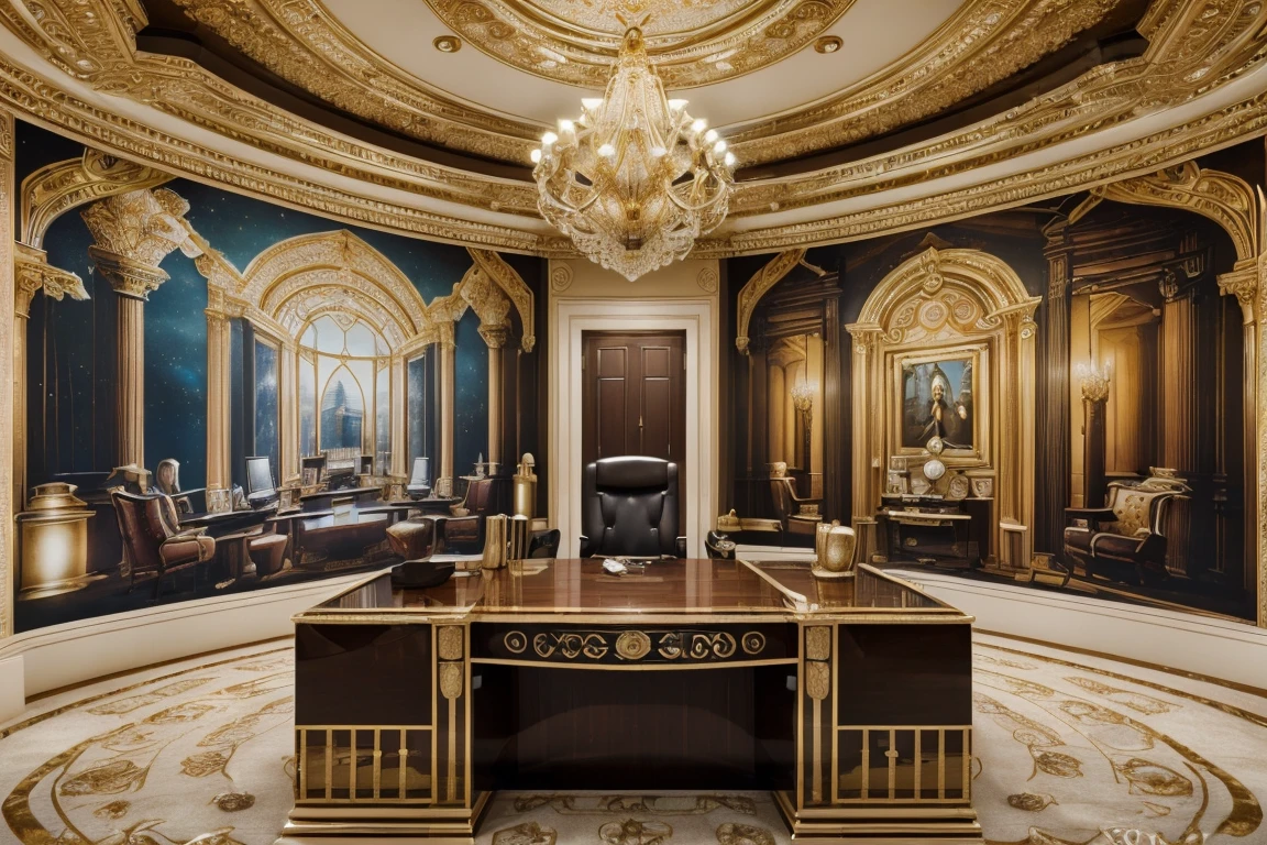 {{A ((((captivating))}) photograph {((mural whose image is a luxurious office with a very conservative, ultra-luxurious desk and a chair with ornaments)}}}} 