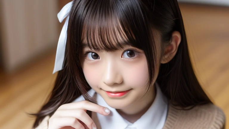  highest quality, shape, Very detailed, finely, High resolution, 8k wallpaper, finelyて美しい目, Wearing a pale pink knit,Putting long hair together,Natural color lip, smile,Harajuku、16-year-old girl、cute、Looking at the camera、Black Hair、The background is high school、The bangs are aligned above the eyebrows、Big ribbon on head、Top view、Various poses