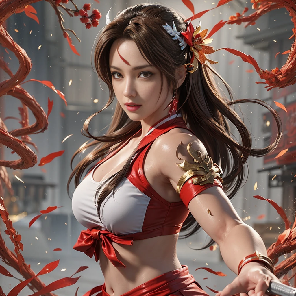 Mai shiranui, (melhor qualidade,ultra-detalhado),(Realista:1.37), rosto bonito e detalhado, Textura ultrarrealista, rosto delicado, corpo delicado, batom vermelho, cores vivas. High definition, 8K. athletic body