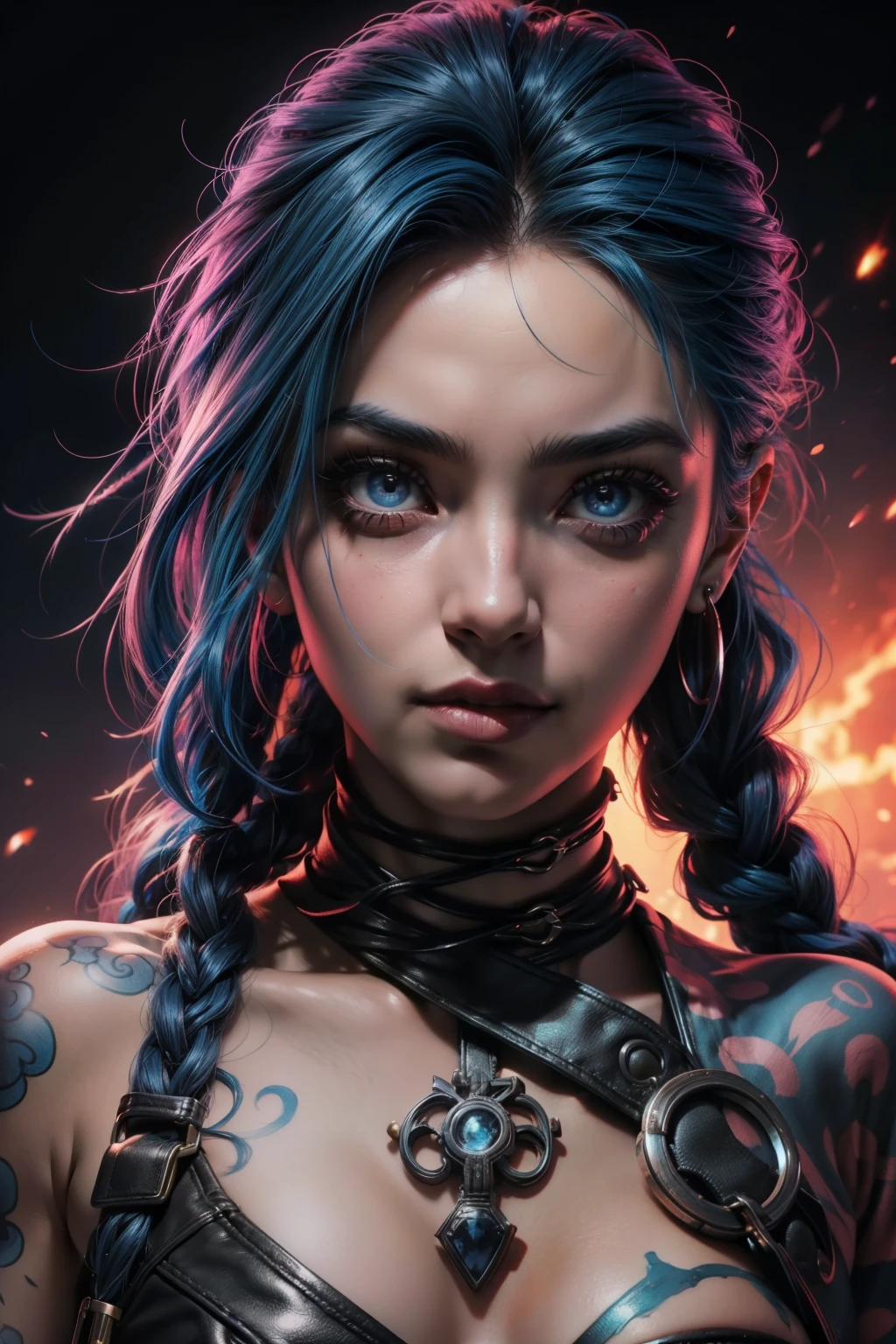 primer plano, de, y, mujer, con, pelaje azul, y, blusa negra, Retrato de Jinx de Arcano, Jinx de Arcano,  extremadamente detallado, estilo artgerm, placa artgerm, kda, cara de error, IG model  chica con cabello azul trenzado, Libro, arcano. Libro. En tercera persona, Efecto de desenfoque, long exposure, 8K, Ultra High Definition, natural lighting, lighting change, red cinematic lighting. Burst