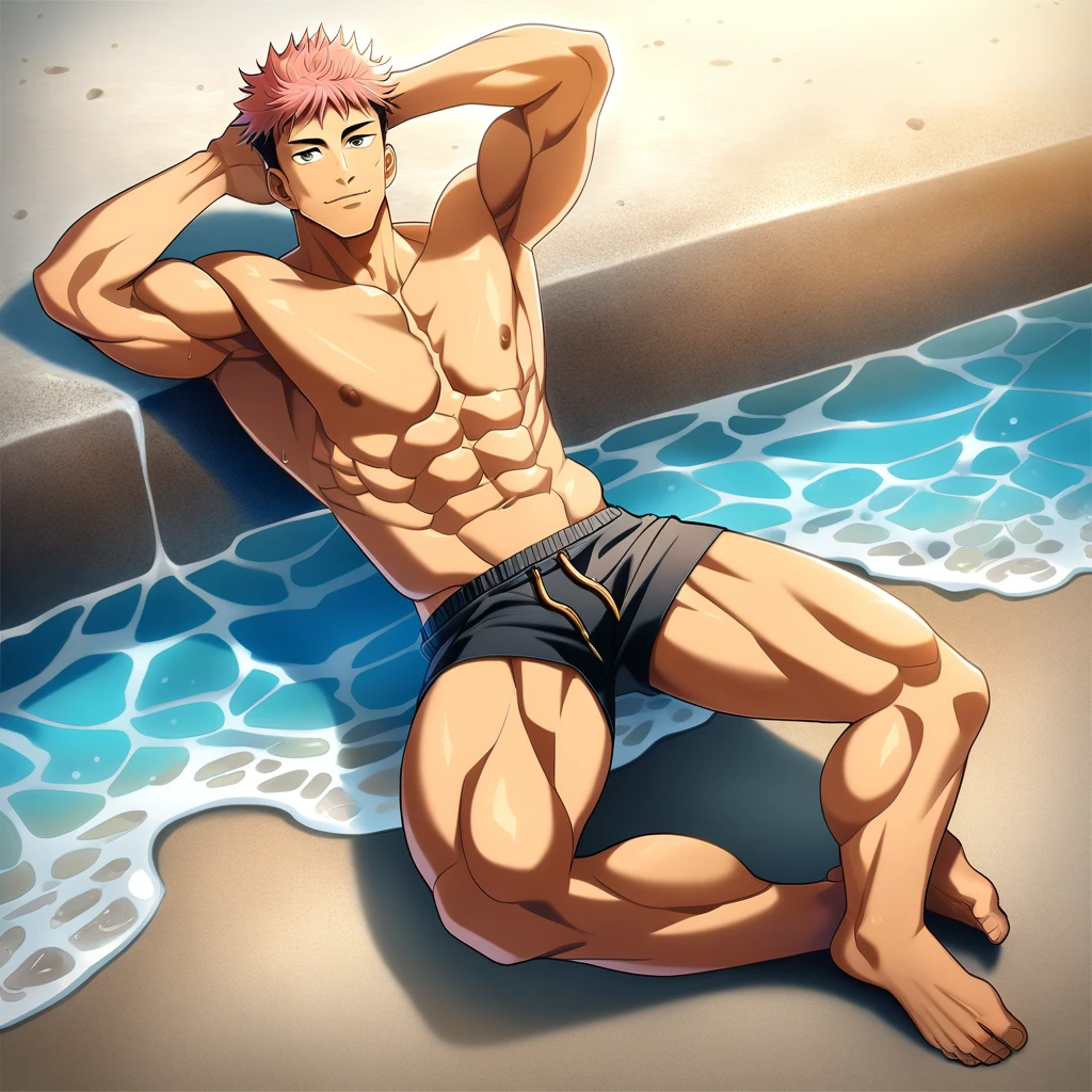 1boys, full body, male focus, muscular male, best quality, amazing quality, best aesthetic, absurdres, chilling at the beach, gay, official style, year 2023, game cg, looking at viewer, happy, looking at viewer, together on picture, yaoi, gay, abs, wet with milk dripping, (Itadori Yuji), Jujutsu kaisen, nipples, pink hair, arms back of head, wearing black short underwear.
