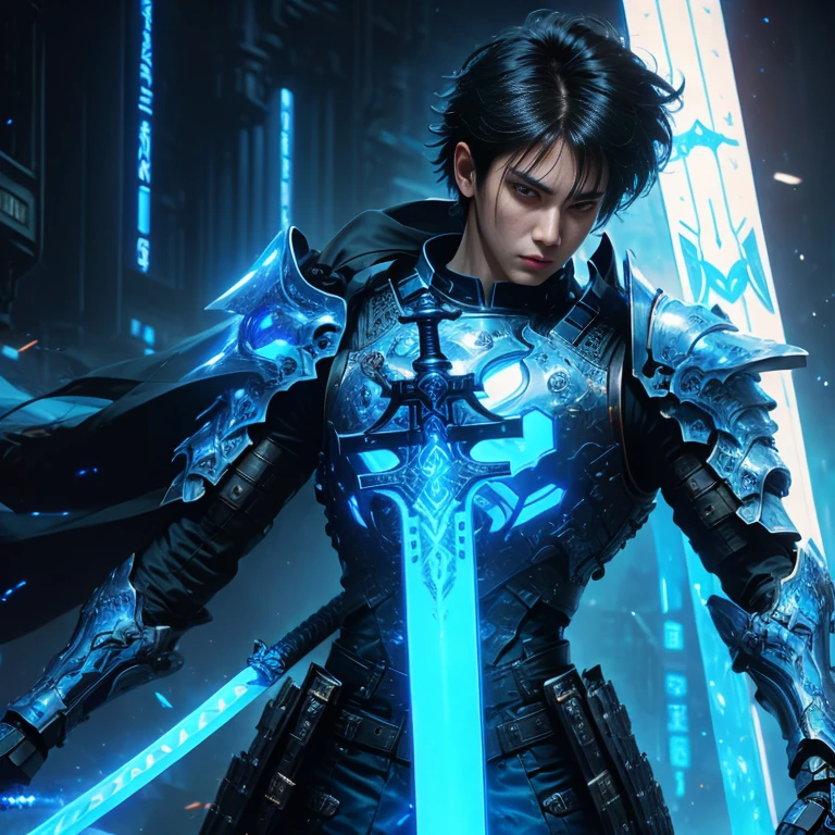 (masterpiece, best quality:1.2), a subject, A warrior in armour techno fantasy style, holy sword,(technological aggressive design), cyberpunk, 4K, UHD, (Photorealistic:1.4),Ultra high resolution, masterpiece, ultra realistic, ultra nitide, insane details, (white and blue color), (water themed), ((face open discovery)), handling a blue technofantasy decoured katana, boy