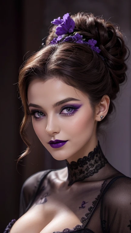 Jeune femme de 25 ans, visage fin, cheveux long, yeux marrons, HD, 8K, masterpiece, sourire romantique, sexy, mascara noir, maquillage noir, black lips, tenue gothique, vêtements noirs et violets, toile d'araignée en dentelle, cheveux noirs et violets, dans un manoir, bodypainting, purple paint, dracula, orage