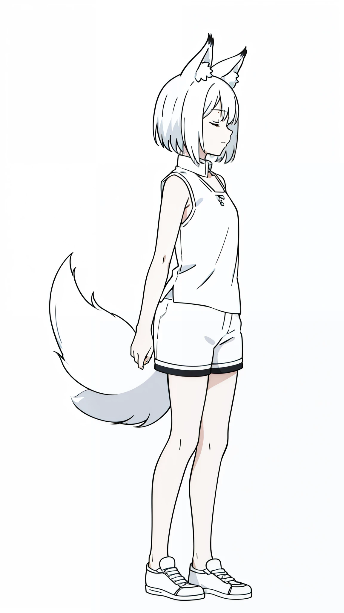 (1girl,8 years old),solo,,white hair,short hair,fox ears,white shirt,sleeveless,white shorts,(white background,line drawing),closed eyes, profile,full body,separated lips