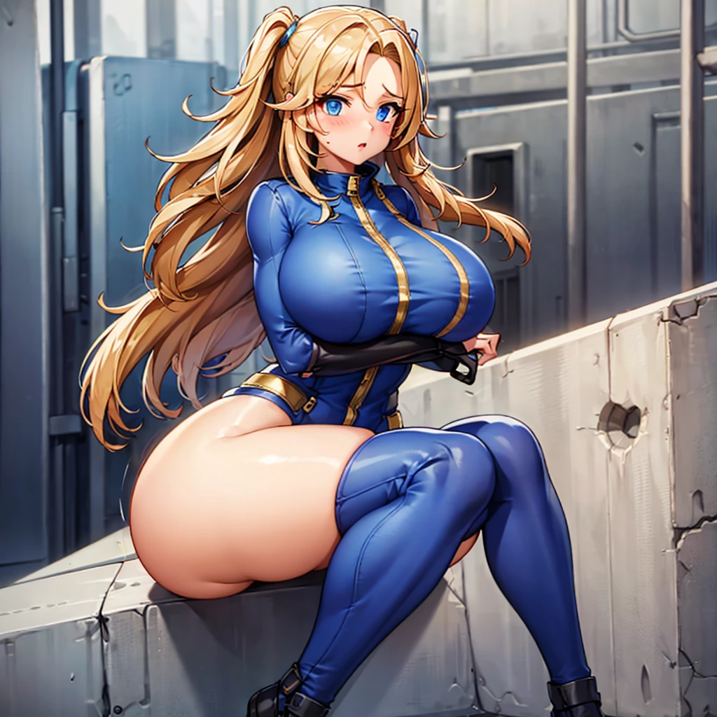 Vault-girl, vault 111 jumpsuit, 1girl, bursting breasts, breast expansion, large breasts, crossed arms, vibrant blue eyes, blushing, long blonde hair,