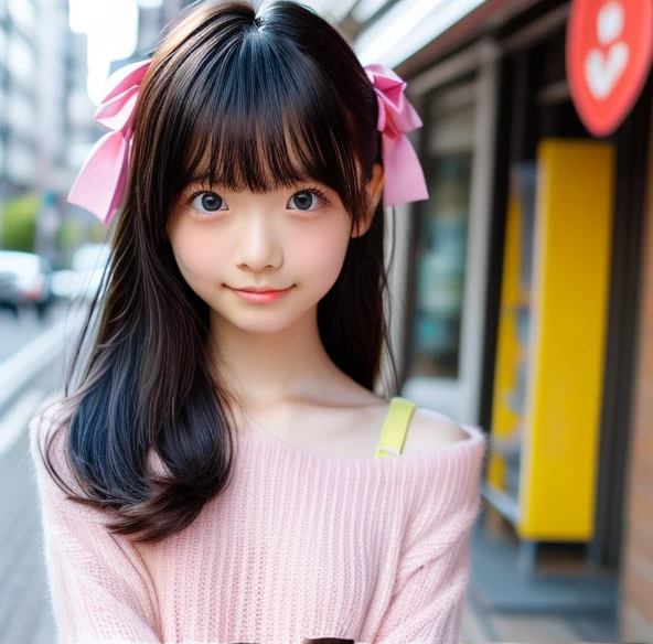 highest quality, shape, Very detailed, finely, High resolution, 8k wallpaper, finelyて美しい目, Wearing a pale pink knit,Putting long hair together,Natural color lip, smile,Harajuku、16-year-old girl、cute、Looking at the camera、Black Hair、The background is high school、The bangs are aligned above the eyebrows、Big ribbon on head、Top view、Various poses