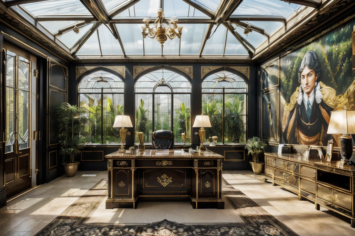 {{A ((((captivating))}) photograph {((mural whose image is of a luxurious office with a very conservative, ultra-luxurious desk and a chair with ornate lights giving the feeling of a conservatory)}}}} 