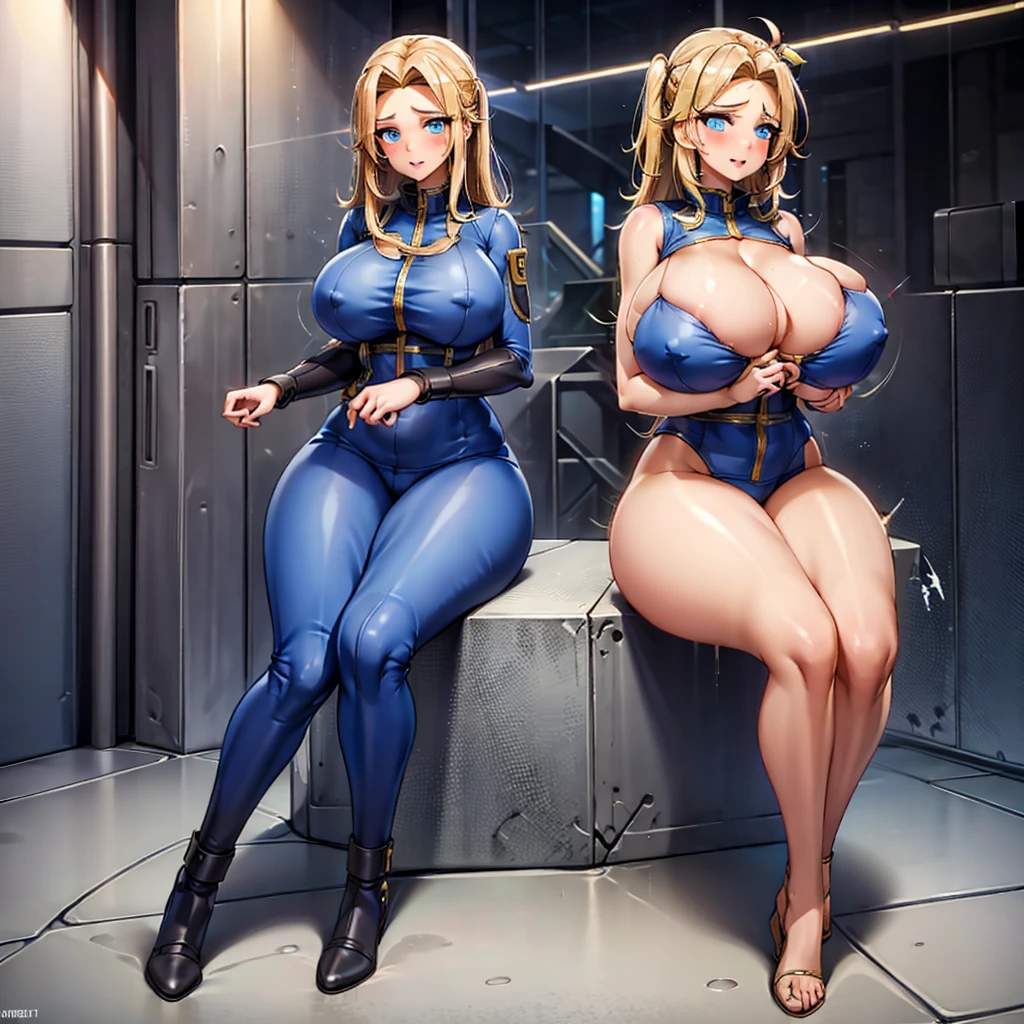 Vault-girl, vault 111 jumpsuit, 1girl, bursting breasts, breast expansion, large breasts, crossed arms, vibrant blue eyes, blushing, long blonde hair,