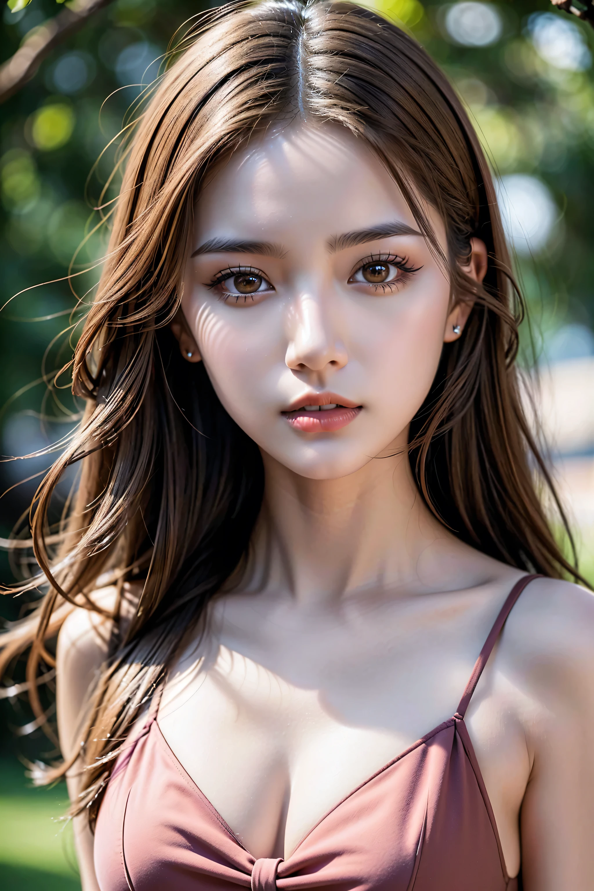 Realism,  a realistic photo of (1girl:1.3, 20-year-old), in a sundress, blonde hair, beach, ((front, right and left sides)), (extremely detailed CG unity 8k wallpaper), (best high quality real texture skin:1.3, A woman with velvety skin:1.2), ((best high quality real texture hair)), photo of the most beautiful artwork in the world, professional majestic (photography by Steve McCurry), 8k uhd, dslr, soft lighting, high quality, Fujifilm XT3 sharp focus, f 5.6, High Detail, dramatic, (looking at viewer:1.2), Wear a white tank top, (the most absurd quality perfect eyes), ((super beautiful cute sharp-face)), (light pale complexion), ((clear no blur and sharp perfect round realistic brown_eyes:1.25), super detail), (finely detailed pupils), ((detailed symmetrical lips:1.3)), pink_lipstick:1.4, (natural light), (zoom out the camera)