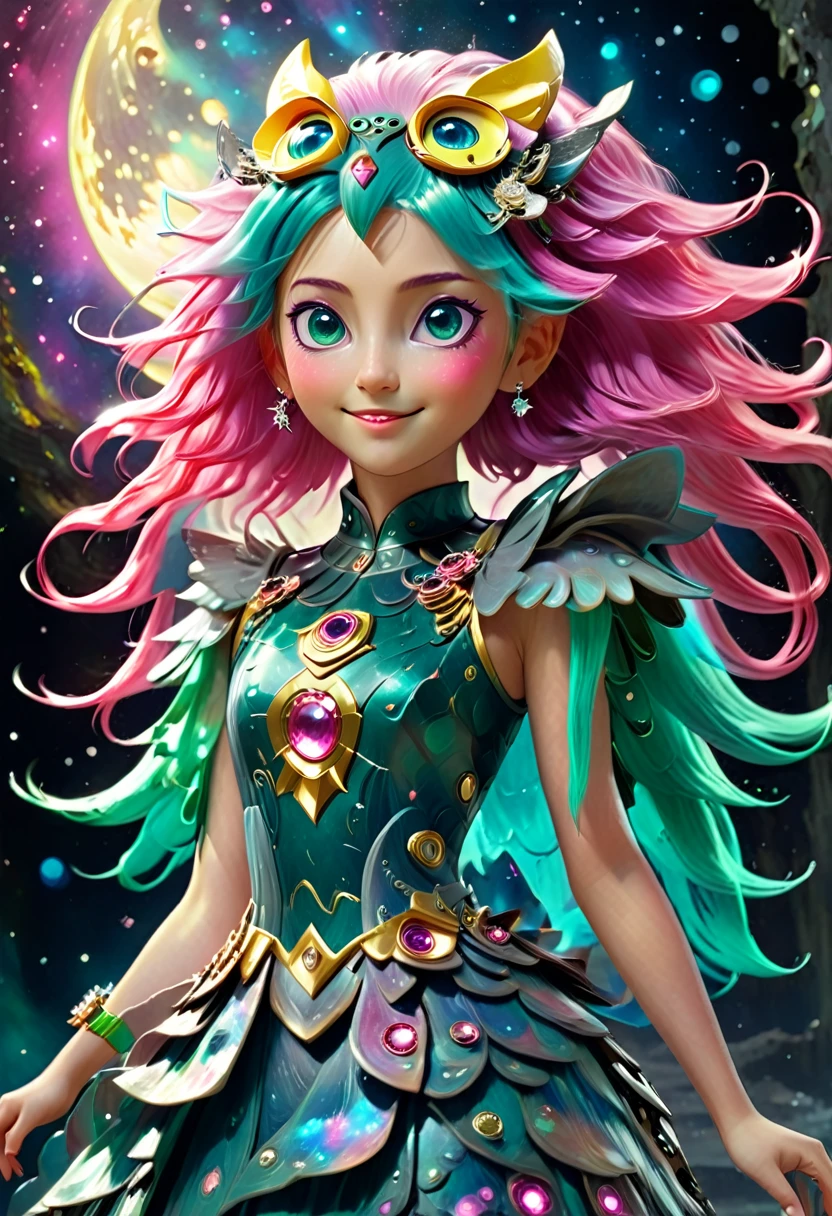 ((Surrounded by the Moon beams)) in side a Crater ((Eyes open))  ((smiling))wearing an armour dress with galaxies on the surface ((holding a pink owl with green eyes. Yellow short beak. ((Is a girl with long teal mix blue hair and pink oyster diamond covered hairclips in her hair))(( full body))