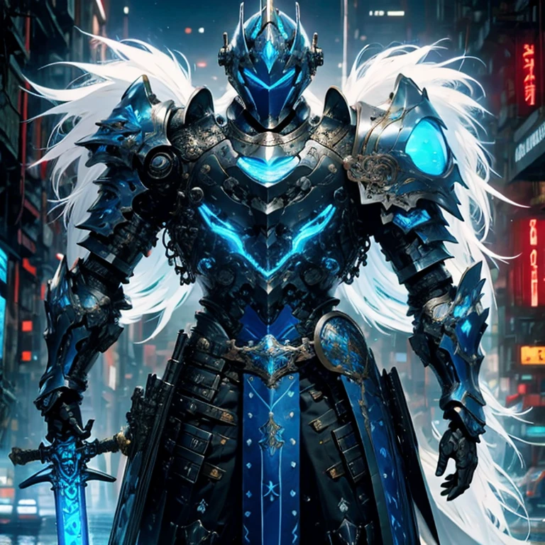 (masterpiece, best quality:1.2), a subject, A warrior in armour techno fantasy style, holy sword,(technological aggressive design), cyberpunk, 4K, UHD, (Photorealistic:1.4),Ultra high resolution, masterpiece, ultra realistic, ultra nitide, insane details, (white and blue color), (((water themed armour))), ((face open discovery)), handling a blue technofantasy decoured katana, boy