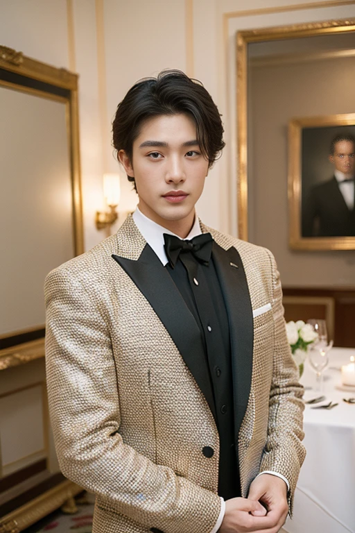 ((masterpiece)), ((best quality:1.2)), High Resolution, 8k, (ultra_realistic:1.3), (photorealistic:1.4), (instagram model, handsome:1.2), sharp focus, a portrait shot of (tedpullinbp), model pose, wearing a sexy open tuxedo, rich interior of a mansion, dinner gala, sexy , nsfw , eroticism