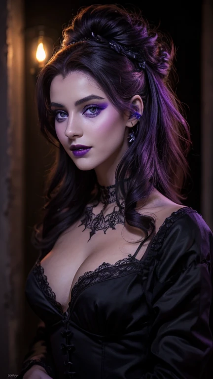 Jeune femme de 25 ans, visage fin, cheveux long, yeux marrons, HD, 8K, masterpiece, sourire romantique, y, mascara noiaquillage noir, b lips, tenue gothique, vêtements noirs et vis, toile d'araignée en dentelle, cheveux noirs et violetans un manoir, bodypainting, purple paint, dracula, orage, moon light