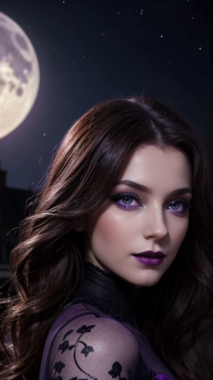 Jeune femme de 25 ans, visage fin, cheveux long, yeux marrons, HD, 8K, masterpiece, sourire romantique, sexy, mascara noir, maquillage noir, black lips, tenue gothique, vêtements noirs et violets, toile d'araignée en dentelle, cheveux noirs et violets, dans un manoir, bodypainting, purple paint, dracula, orage, moon light