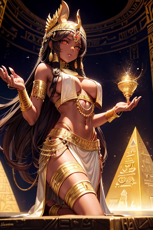 Egyptian sorceress, dark skin, female , long messy brown hair, silver decorations, brown eyes, white and gold Egyptian clothing, dark gold vest with silver snake print, gold belt, dark gold pants, gold pendant with Egyptian symbol Egyptian with pink rose quartz gems, gold rings on both hands, slim build, base of an Egyptian pyramid, pyramid,