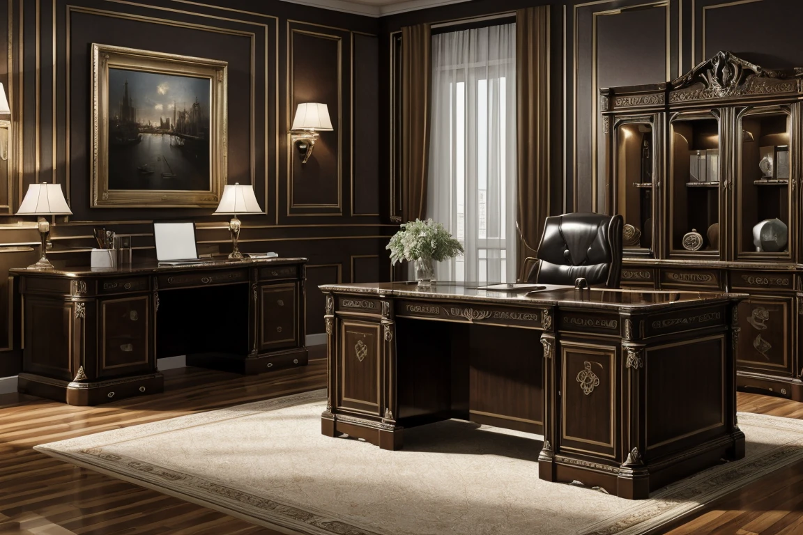 best quality,ultra-detailed,photorealistic:1.37,masterpiece:1.2,photography,office,conservative,ultra-luxurious desk,chair,dark ambient decorations