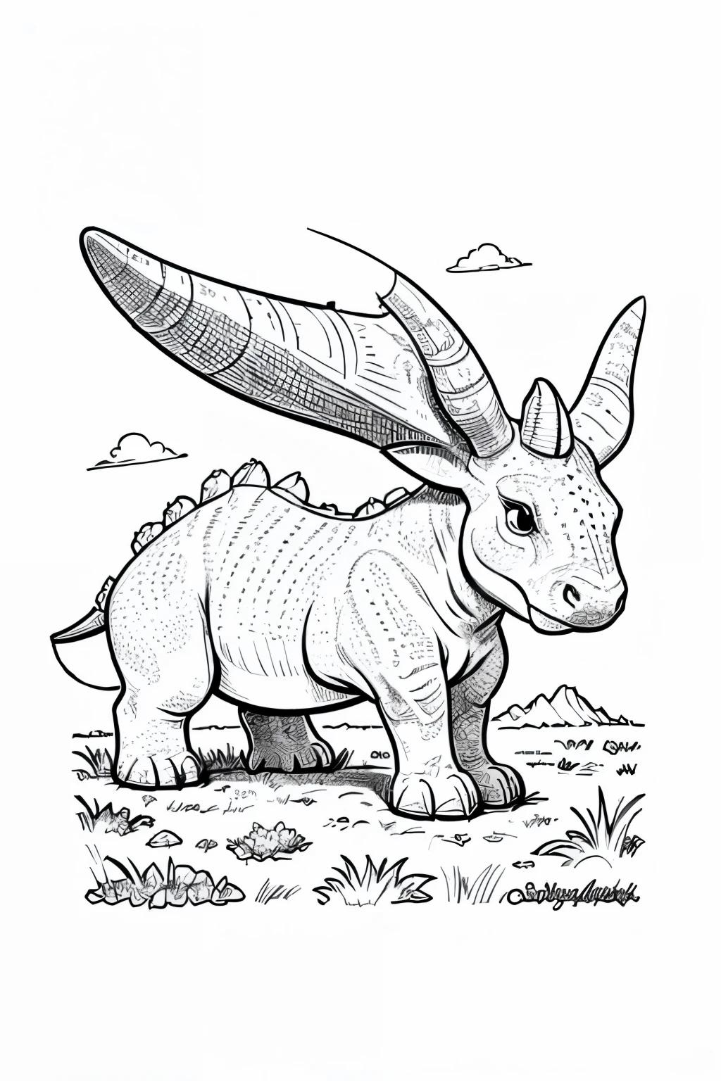 coloring page of Triceratops in the florest, cartoon styly, thick lines , no color , white blackgrond, only stronkes 