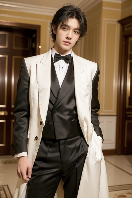 ((masterpiece)), ((best quality:1.2)), High Resolution, 8k, (ultra_realistic:1.3), (photorealistic:1.4), (instagram model, handsome:1.2), sharp focus, a portrait shot of (tedpullinbp), model pose, wearing a sexy open tuxedo, rich interior of a mansion, dinner gala, sexy , nsfw , eroticism , full length shot(fls) , bare thighs , wide hips