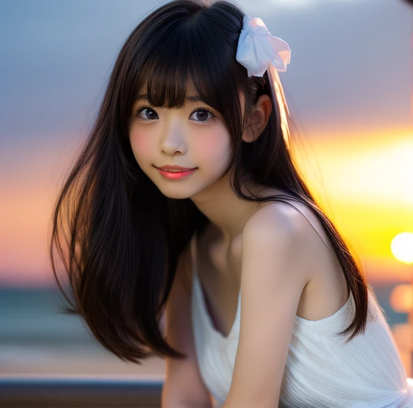  highest quality, shape, Very detailed, finely, High resolution, 8k wallpaper, finelyて美しい目, Cool dress、Putting long hair together,Natural color lip, smile,Harajuku、16-year-old girl、cute、Black Hair、The background is the sunset beach、The bangs are aligned above the eyebrows、Big ribbon on head、Angle from below、Various poses