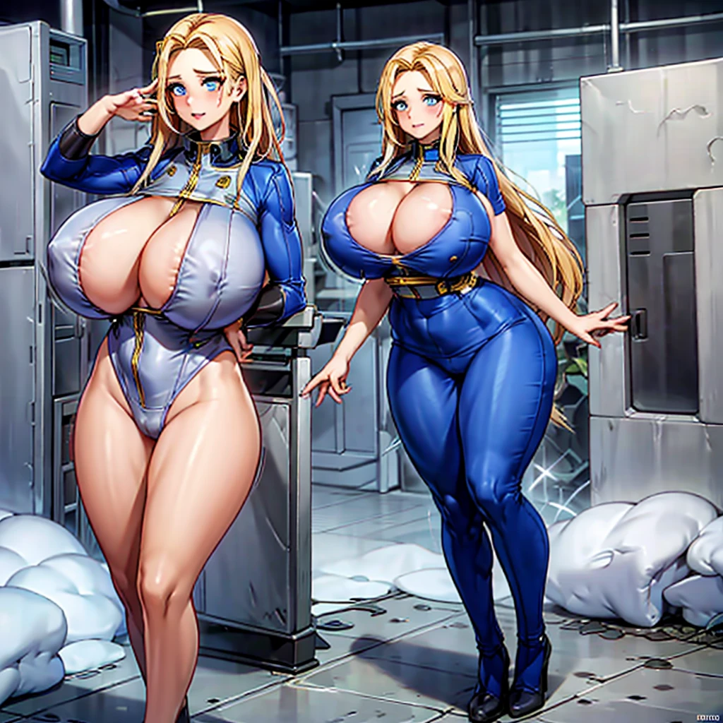 Vault-girl, vault 111 jumpsuit, 1girl, bursting breasts, breast expansion, large breasts, crossed arms, vibrant blue eyes, blushing, long blonde hair,