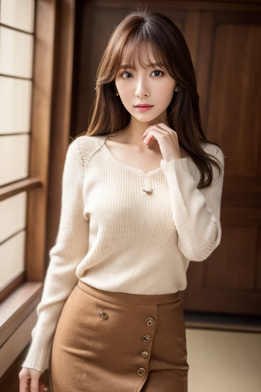 Masterpiece, top-quality, high resolution, Photorealsitic, sharp, Raw photography, 8K wallpaper, flawless, Professional lighting, highly detailed, depth of fields, Pale solid color background, ((one beautiful women, Skinny Japanese mature)), (40 years old), Sexy, Detailed face, beautidful eyes, bangs, small breasts, very thin waist, Light Brown Straight Hair, Faint lips, ((standing at front, Staring at the viewer, serious face eyes.)), Sweaters, skirt, (full-body photo), cowboy shot