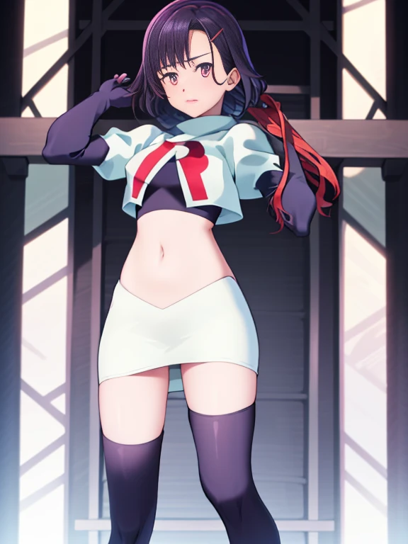 masterpiece, highest quality, M Shizuka V4, One girl, alone, hair ornaments, belly button, Medium chest, Are standing, Hair Clip, Team Rocket, Team Rocket uniform, Red letter R, White Skirt, White crop top, Black thigh-high boots, Black elbow gloves,