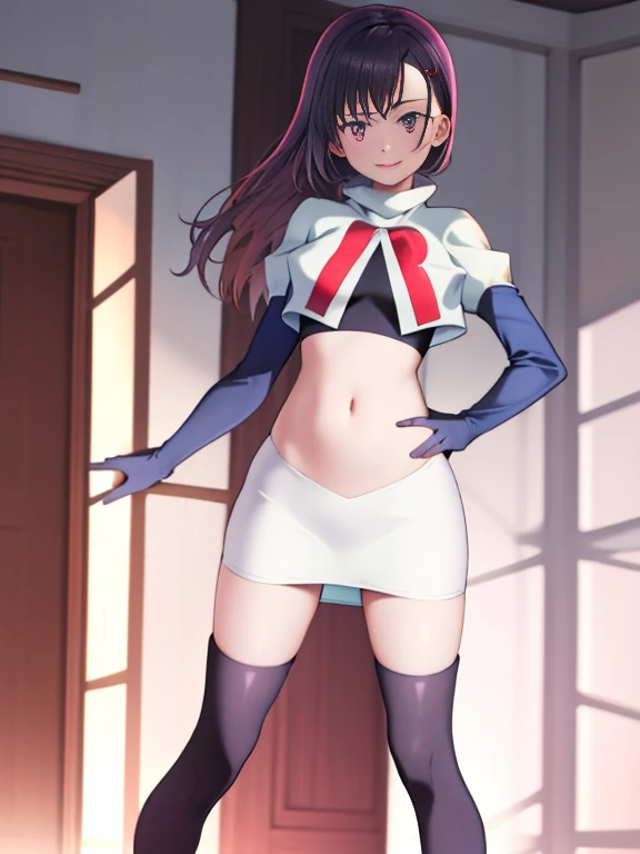 masterpiece, highest quality, M Shizuka V4, One girl, alone, hair ornaments, belly button, Medium chest, Are standing, Hair Clip, Team Rocket, Team Rocket uniform, Red letter R, White Skirt, White crop top, Black thigh-high boots, Black elbow gloves,
