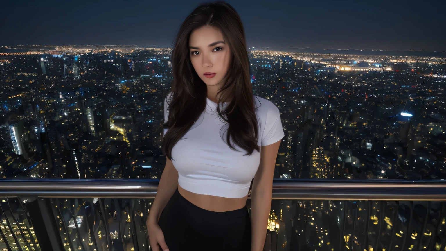 ((Best quality, 8k, Masterpiece :1.3)), Whole body, Long legs, Sharp focus :1.2, A pretty woman with perfect figure :1.4, Slender abs :1.1, ((Dark brown layered hair, Big breasts :1.2)), (White tight tshirt, Leggings, Standing:1.2), ((Night city view, Rooftop:1.3)), Highly detailed face and skin texture, Detailed eyes, Double eyelid