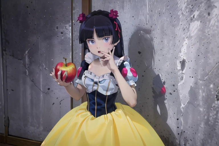 ((masterpiece, highest quality, Very detailed)), (ruri gokou), Hime cut, Long Hair, Blunt bangs, Black Hair,Dramatic lighting, (Grab a poisonous green poison apple), detailed dress, snow white, (red bow), yellow skirt, tight blue corset, yellow dress, field、