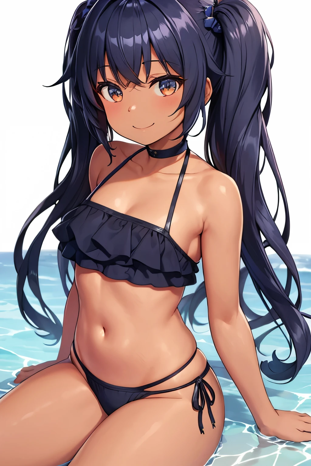 Masterpiece, best quality, beautiful girl, pretty face, smile, twintails, dark skin, swimsuit,