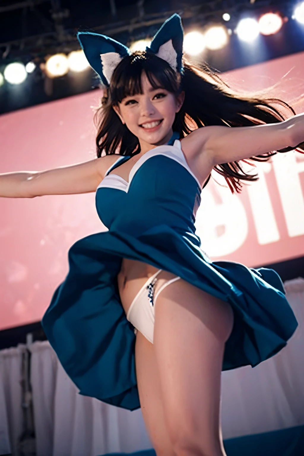 Cheerleader,Blue Costume,white_panties,Fox Ears,Dancing on stage,shoot from below,