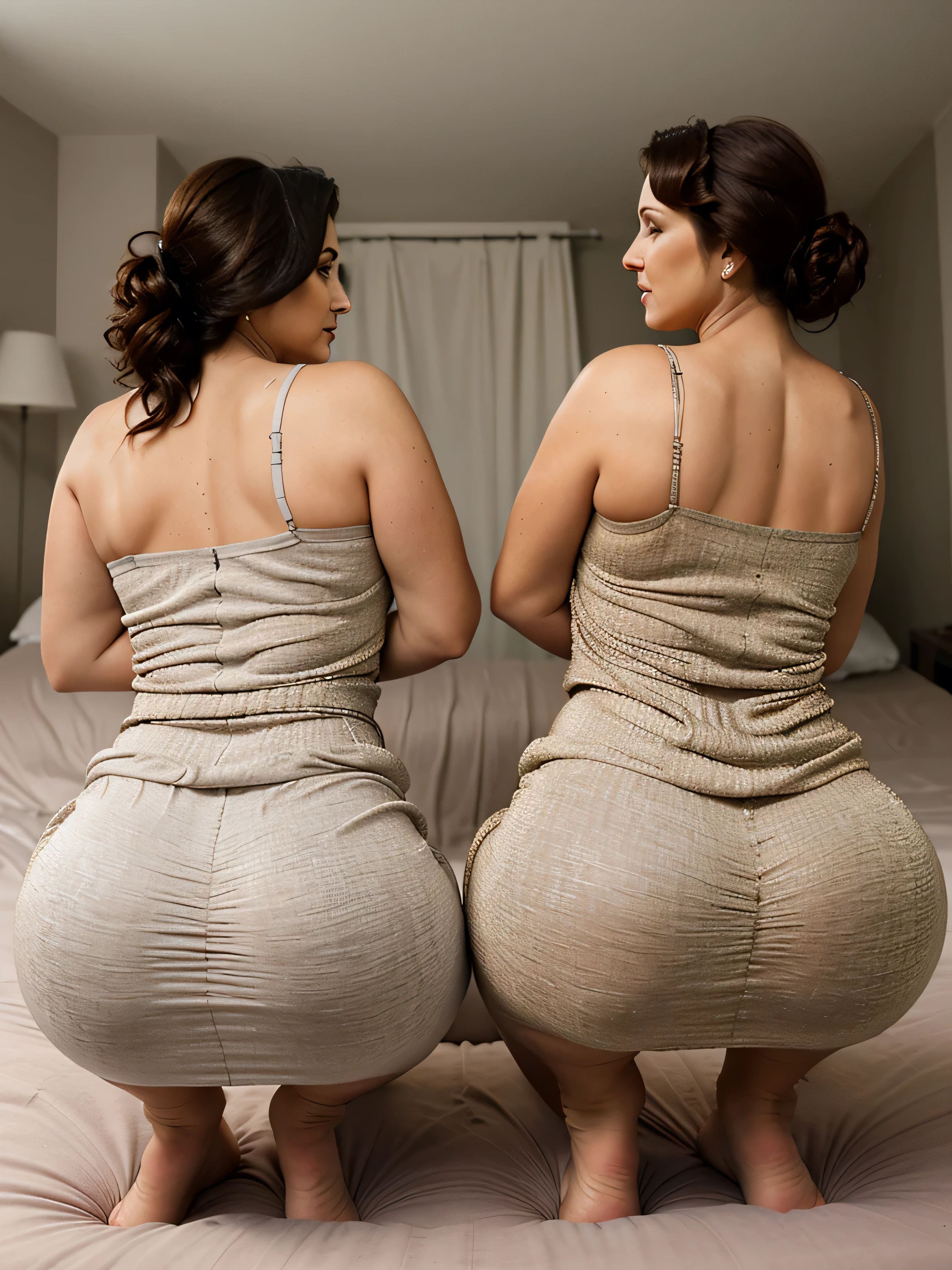 (realistic, high quality, two mature women squatting on knees on bed, wearing a maxi dress,spandex dress , body hugging dress, rear view,facing forward, side by side)