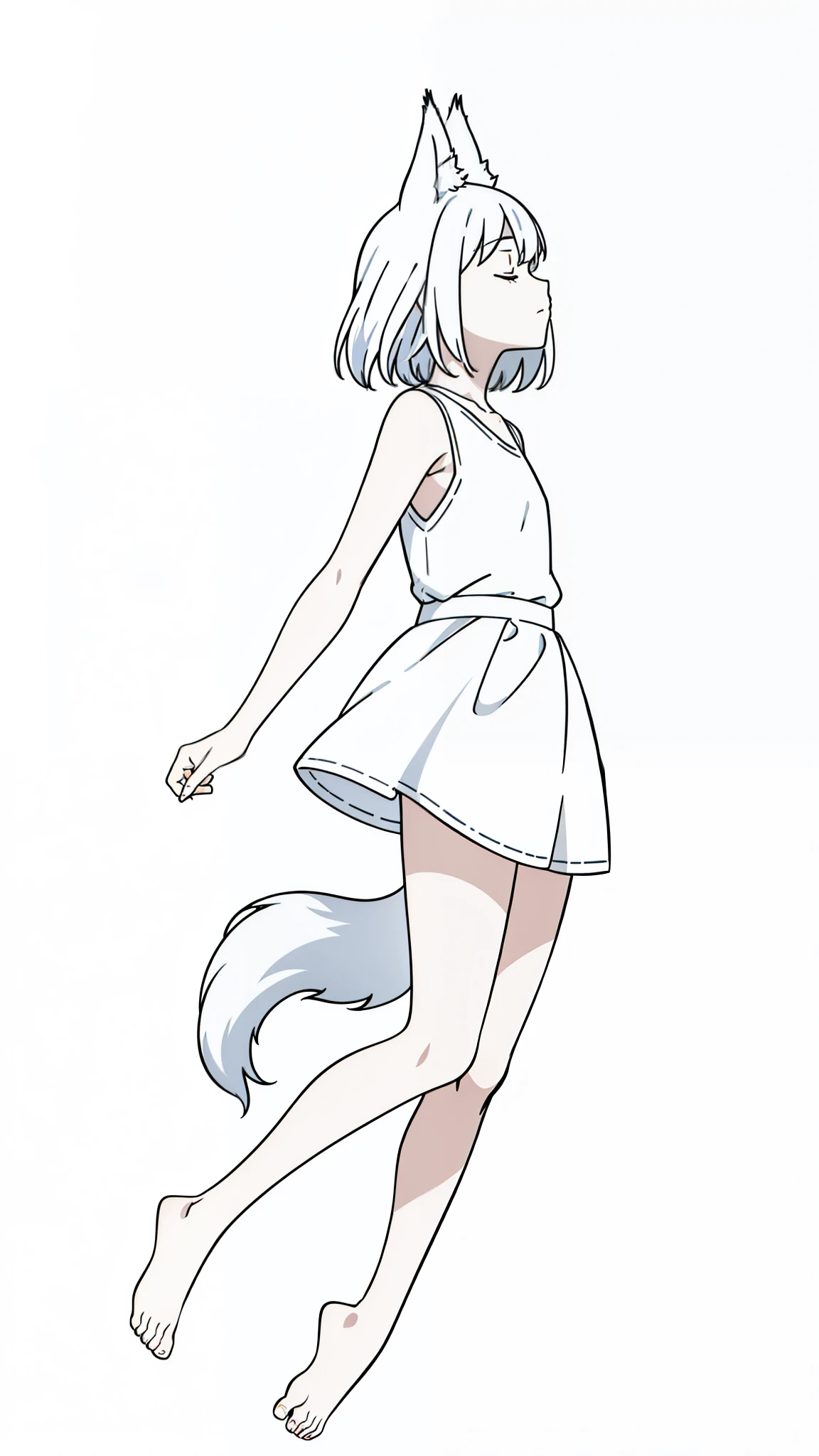 (1girl,,small),solo,white hair,short hair,fox ears,white shirt,sleeveless,white shorts,(white background,line drawing),closed eyes, profile,full body,separated lips,looking up,floating,bare foot