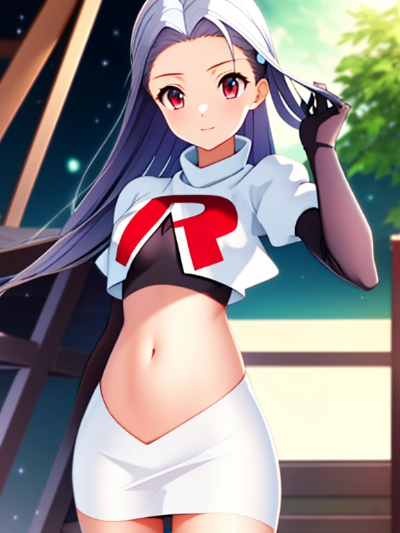 masterpiece, highest quality, M Shizuka V4, One girl, alone, hair ornaments, belly button, Medium chest, Are standing, Hair Clip, Team Rocket, Team Rocket uniform, Red letter R, White Skirt, White crop top, Black thigh-high boots, Black elbow gloves,