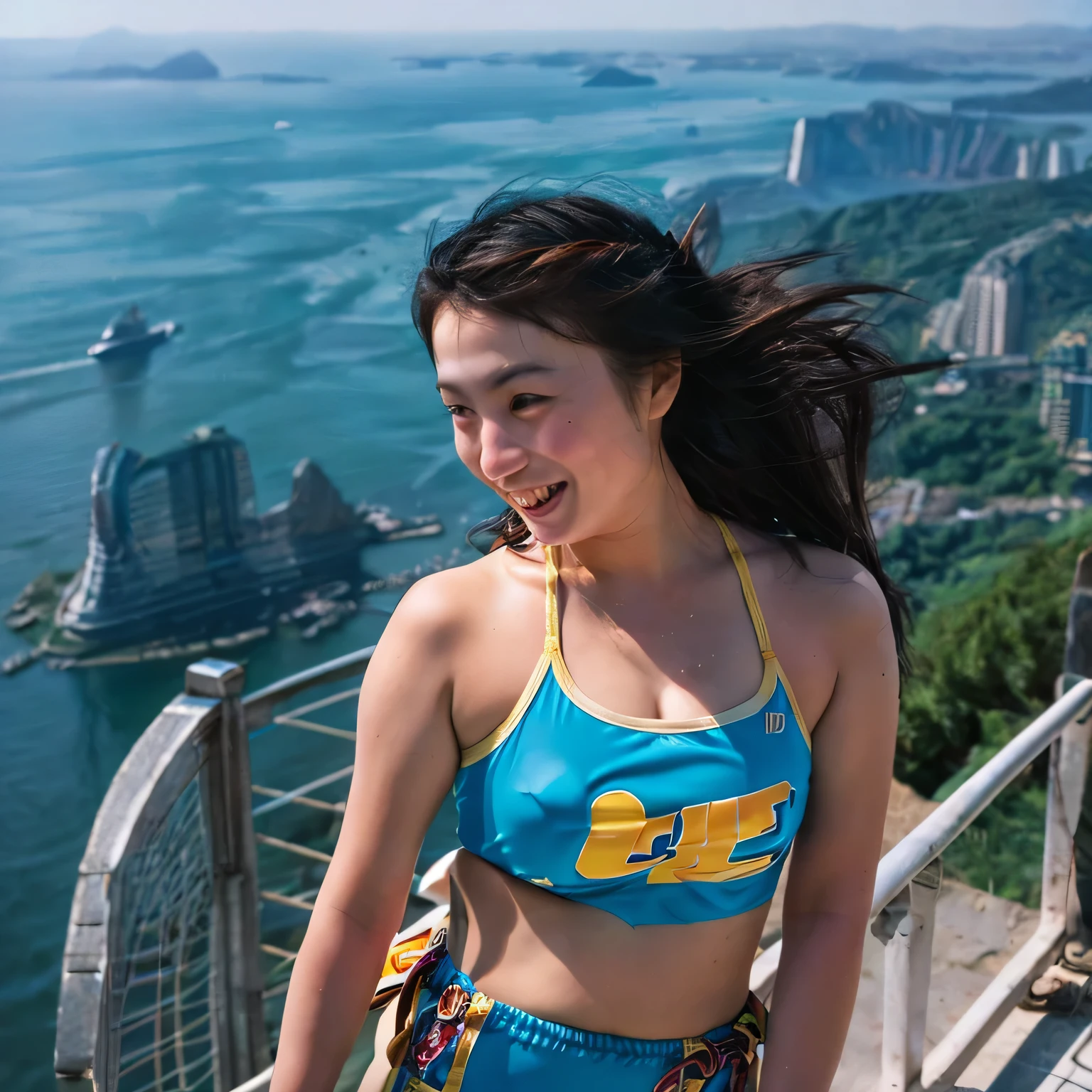 Identical twin sisters hugging、、,an(8K、Live Shooting、highest quality、masterpiece:1.2)、Super detailed、Super Resolution、(Hyper Reality、)Super detailed、Super Resolution、(Real、Actual Photos:1.47)、 exhilarating roofsuperior selfie of a confident woman with black hair in a long,She is beaming as she looks out over the city below.. This high angle,Fisheye shot of her in her climbing outfit、Emphasizing the spaghetti straps superior,Climbing Pants,A glimpse of the distant sea、This aerial portrait is complete..,