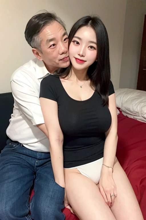 full body, top-quality, masterpiece, (((60 years old korean man and 20 years old bightly smile korean girl couple))), 60 years old korean man sucking young girl's brests, 60 years old korean man lying on the bed, youn girl all nude, 60 years old korean man wear white shirts, young girl hugging old man and giving the breast to old man