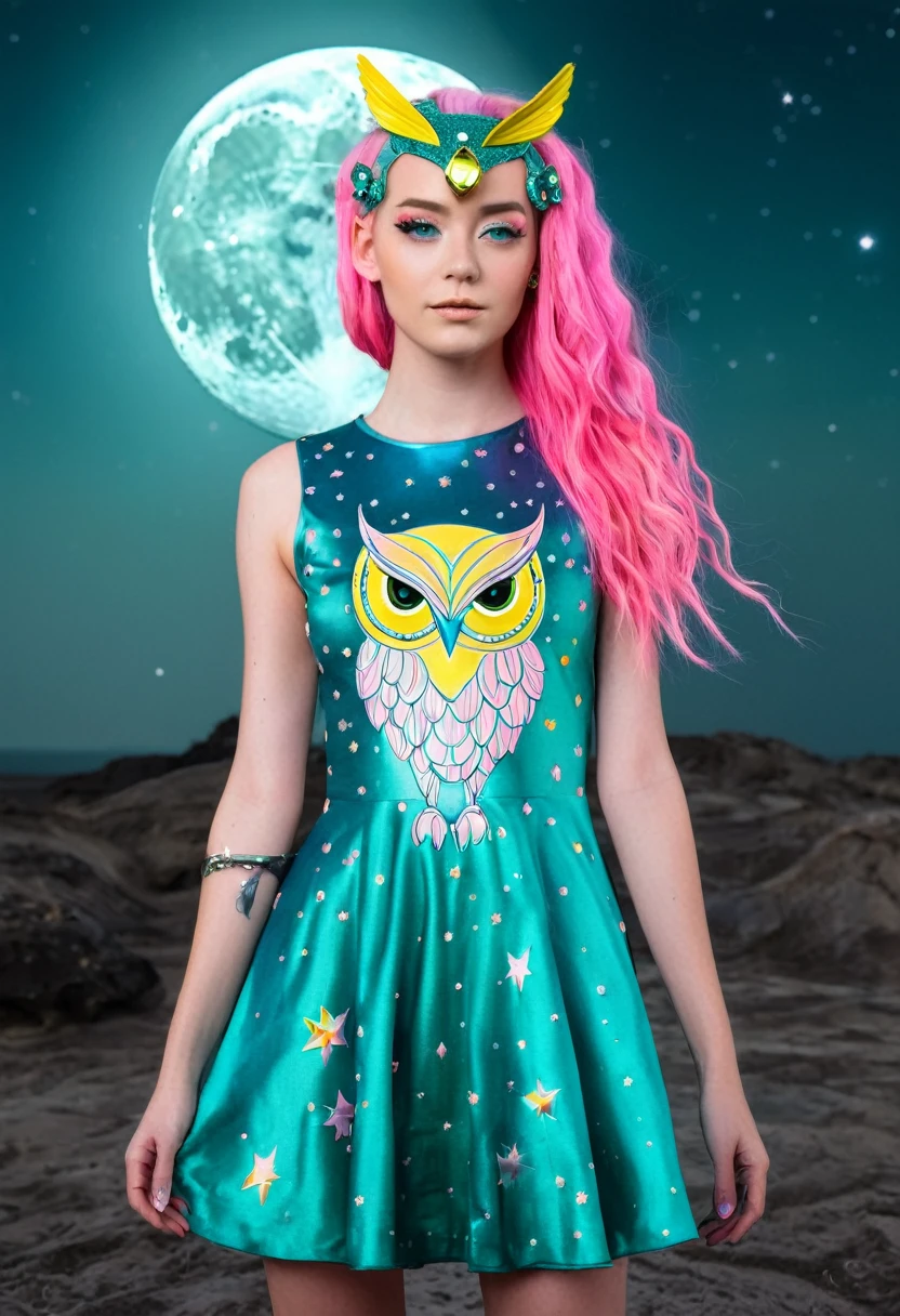 ((Surrounded by the Moon beams)) in side a Crater ((Eyes closed)) wearing an armour dress with galaxies on the surface ((holding a pink owl with green eyes. Yellow short beak. ((Is a girl with long teal mix blue hair and pink oyster diamond covered hairclips in her hair))(( full body))